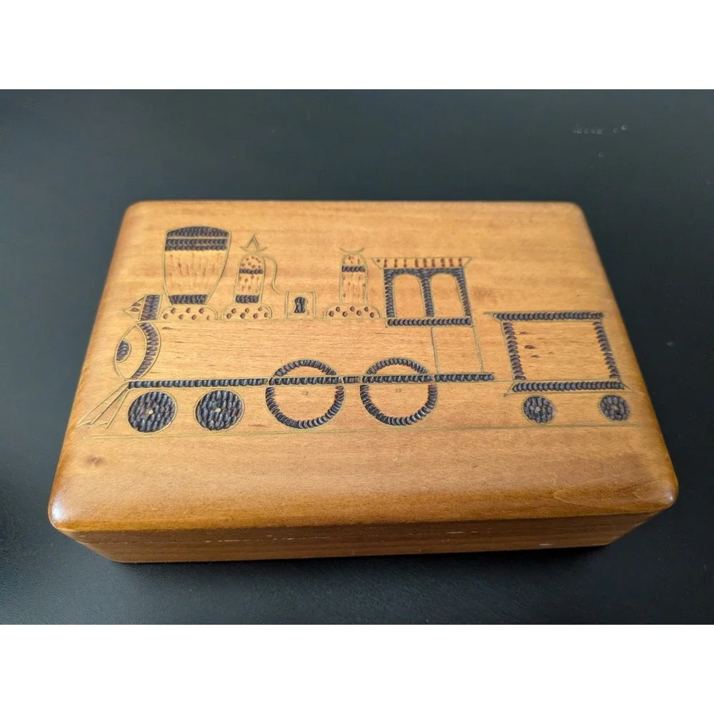 Vintage Wooden Jewelry Box Trinket Box Etched Train Design Poland 5.5